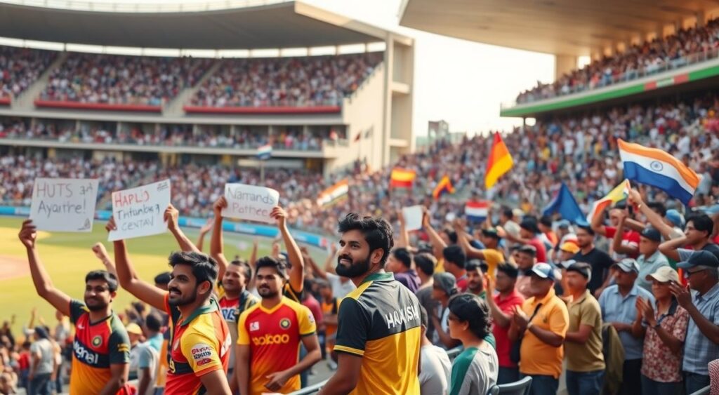 A bustling cricket stadium on a sunny afternoon, Ayush Mhatre standing on the pitch, surrounded by a sea of enthusiastic fans. In the foreground, a group of supporters in vibrant jerseys and face paint hold up handmade signs, cheering passionately. The middle ground captures the energy of the crowd, with spectators jumping, clapping, and waving flags to show their unwavering support. In the background, the stadium's towering stands are filled with a diverse audience, their excitement palpable. Soft, warm lighting bathes the scene, creating a sense of celebration and camaraderie. The overall atmosphere exudes a palpable feeling of unity, as the fans' unwavering devotion to their team and their star player, Ayush Mhatre, shines through.