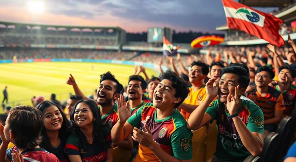 A crowd of excited IPL fans in the stands, faces alight with joy and enthusiasm, watching the debut performance of cricket prodigy Noor Ahmad. In the foreground, a group of fans wearing vibrant team jerseys and waving flags, their expressions animated as they cheer and applaud. In the middle ground, the stadium backdrop, with the field and players visible in the distance, bathed in the warm glow of the evening sun. The atmosphere is electric, capturing the unbridled passion and pride of the devoted IPL fanbase. The scene is shot with a wide-angle lens, emphasizing the energy and scale of the event, with a shallow depth of field that keeps the focus on the expressive fan reactions.