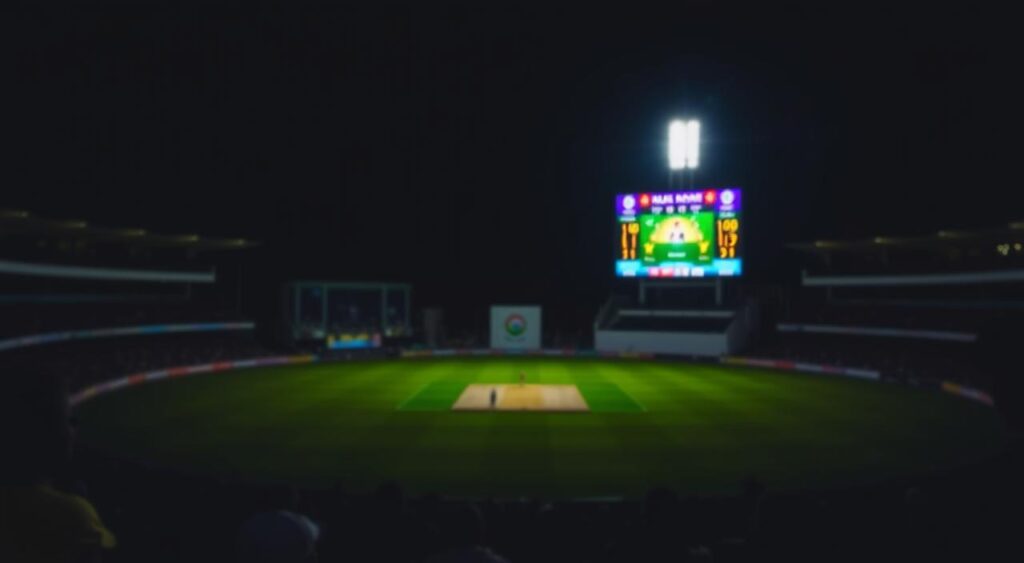 A dimly lit cricket stadium at night, with the scoreboard illuminated against the dark sky. The scoreboard displays the real-time cricket score updates, with vibrant digital numerals and team logos. In the foreground, a crowd of cheering fans can be seen, their faces lit by the glow of the scoreboard. The middle ground features a pristine cricket pitch, with the stumps and bails clearly visible. The background is blurred, creating a sense of depth and focus on the scoreboard and the action on the field. The overall atmosphere is electric, capturing the excitement and anticipation of a nail-biting cricket match.