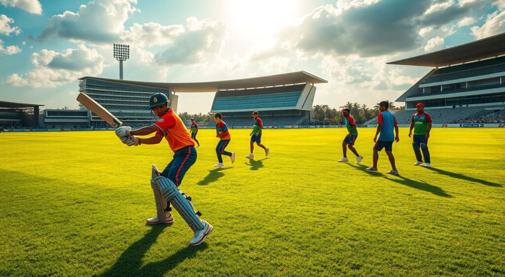A group of young cricketers, clad in vibrant uniforms, practicing their skills on a lush green pitch. Sunlight filters through the clouds, casting a warm, golden glow over the scene. In the foreground, a batsman expertly wields his bat, eyes fixed on the incoming delivery. Behind him, fielders dart across the field, anticipating the play. In the middle ground, a bowler winds up, muscles coiled, ready to unleash a powerful delivery. The background features a modern, state-of-the-art cricket stadium, its sleek architecture and towering stands hinting at a future where these players will showcase their talents. The overall atmosphere exudes a sense of dynamism, potential, and the promise of a new generation of cricket superstars.