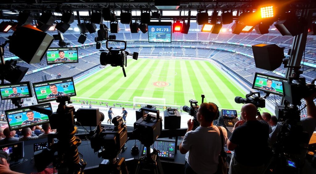 A high-quality broadcast setup for a Philadelphia Union vs Inter Miami CF soccer match, with a large studio set featuring high-definition cameras, lighting rigs, and various screens displaying match stats and player profiles. The scene has a dynamic, energetic atmosphere, with camera operators and production crew members working diligently behind the scenes. The lighting is a blend of warm, theatrical spots and cool, high-intensity key lights, creating a professional, broadcast-ready environment. The background features a panoramic view of the stadium, with the field of play visible through a large window or glass wall, adding a sense of depth and immersion to the image.