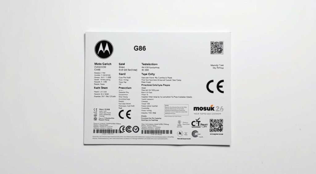 A highly detailed, technical certification document for the Moto G86 smartphone, presented against a clean, minimalist background. The document fills the frame, showcasing its official seals, barcodes, and technical specifications in an organized, legible manner. Soft, directional lighting casts subtle shadows, emphasizing the tactile, physical nature of the certification. The overall mood is professional, authoritative, and focused on conveying the credibility and legitimacy of the Moto G86's technical certification.