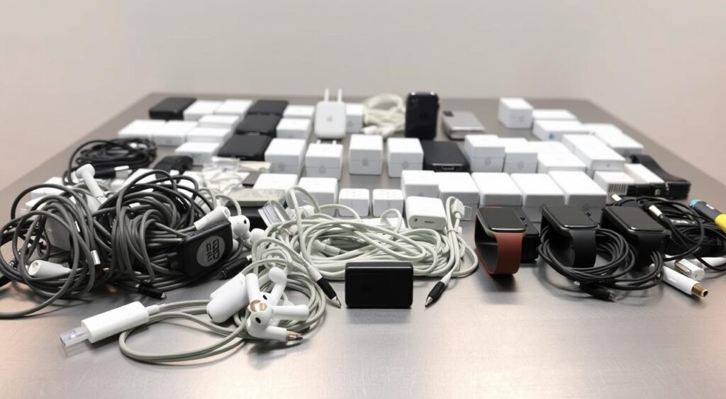 A large seizure of counterfeit Apple accessories laid out on a stainless steel table, illuminated by soft, even lighting. In the foreground, a jumble of tangled charging cables, fake AirPods, and imitation Apple Watch bands. In the middle ground, pristine iPhone cases and power adapters, their distinctive logos slightly off-center. The background blurs into a crisp, clean setting, hinting at the official nature of the operation. The overall scene conveys a sense of order amidst the chaos of the illicit goods, reflecting the professionalism of the law enforcement officers responsible for the successful seizure.