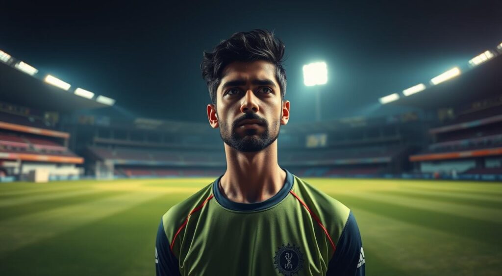 A pensive Khaleel Ahmed standing at the center of a cricket pitch, brow furrowed in concentration. Dramatic lighting illuminates his determined expression, capturing the weight of the challenges he faces in the upcoming IPL 2025 season. The pitch stretches out behind him, its lush green surface framed by the looming stadiums in the background, hinting at the high-stakes atmosphere. A cinematic, tension-filled scene that conveys Khaleel's mental fortitude as he prepares to tackle the obstacles ahead.