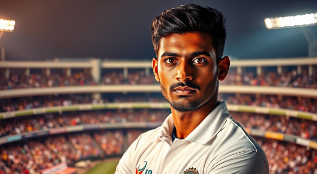 A portrait of Sai Kishore, the talented left-arm spinner, set against a backdrop of the iconic IPL stadium. Sai stands confidently, his gaze fixed on the camera, his cricket whites crisp and pristine. Warm, golden light cascades over his features, accentuating his determined expression. In the middle ground, the bustling crowd fills the stadium, their cheers and applause a palpable energy. The foreground is sharp, with Sai's face and upper body in focus, while the background blurs into a hazy, atmospheric scene, conveying a sense of anticipation and the magnitude of the IPL event. The overall mood is one of professionalism, excellence, and the excitement of Sai's impending IPL 2025 debut.