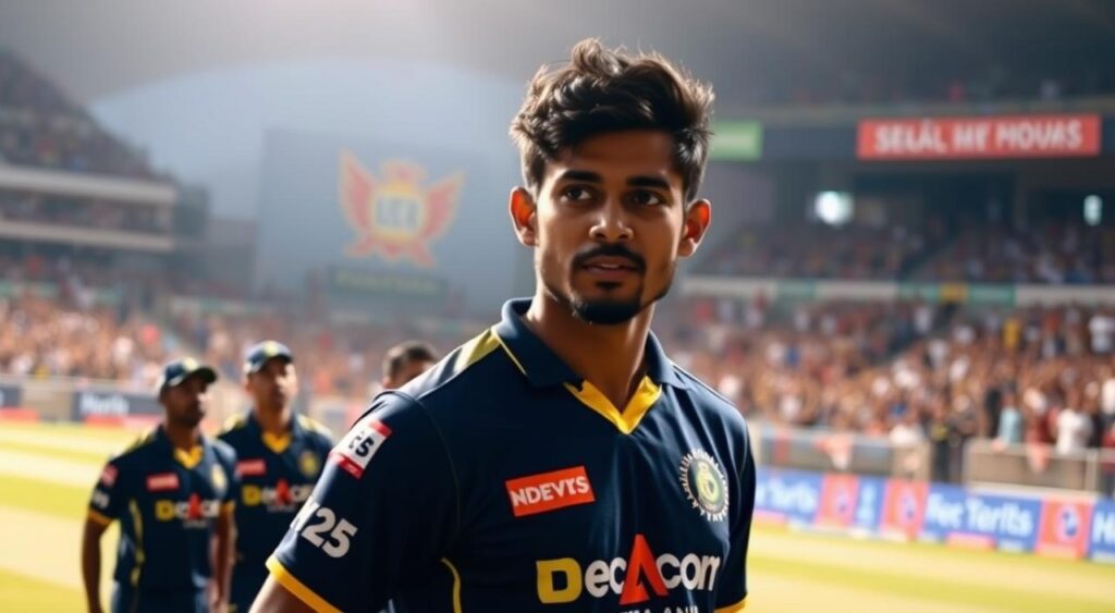 A professional cricket player, Sai Sudharsan, stands tall on the pitch, his face determined and focused. The sun casts a warm glow on the scene, illuminating the intensity in his eyes as he prepares to make a crucial play. The crowd roars in the background, their energy palpable. Sudharsan's teammates surround him, their expressions mirroring his own, united in their mission to secure victory for their team. The image captures the dynamic interplay between Sudharsan's individual prowess and the collective spirit that drives the team's success, perfectly encapsulating the "Impact on Team Dynamics" during his standout IPL 2025 debut.