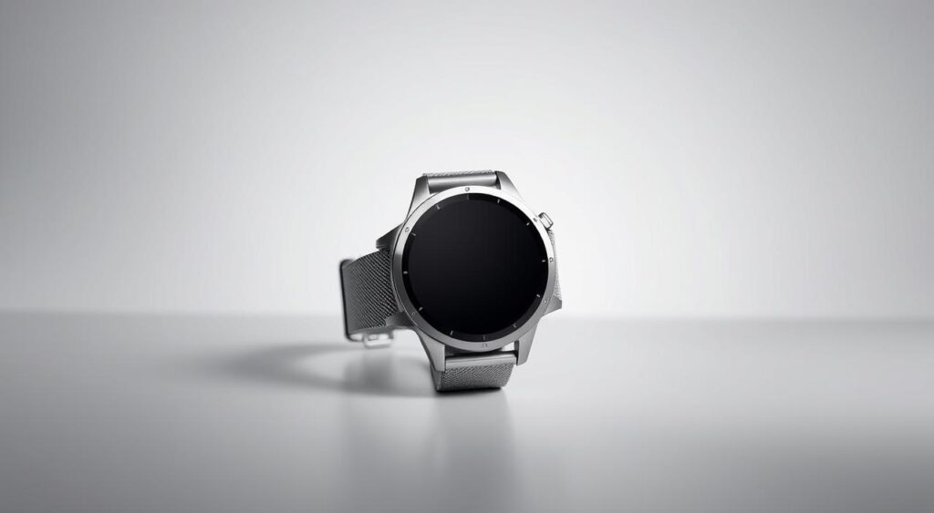 A sleek and modern Xiaomi Watch S4 design with a circular stainless steel case, a crisp AMOLED display, and a minimalist bezel. The watch face is centered in the frame, capturing the device's premium aesthetic. Detailed textures on the body and strap convey a high-quality build. Soft, diffused lighting from the side illuminates the watch, creating depth and highlights the polished surfaces. The background is a simple, neutral color that allows the watch to be the focal point, showcasing its elegant and sophisticated design.