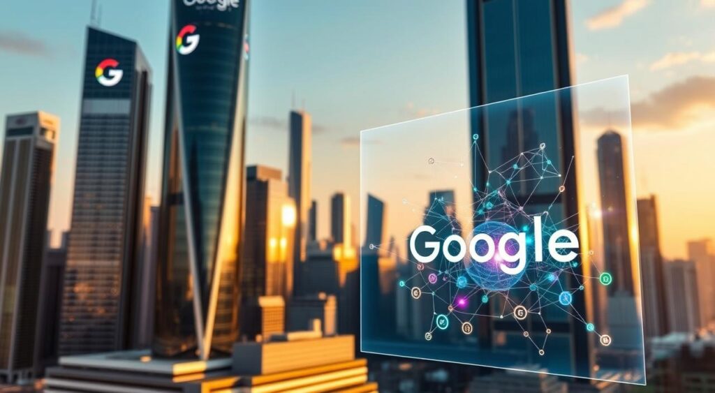 A sleek, futuristic cityscape comes into focus, with towering skyscrapers adorned with the iconic Google logo. In the foreground, a holographic display showcases the latest advancements in Google's AI-powered digital advertising platform, its algorithms and machine learning models rendered in vibrant, abstract forms. The cityscape is bathed in a warm, golden glow, creating an atmosphere of innovation and progress. Directional lighting accentuates the sharp angles and clean lines of the architecture, while a subtle depth of field blur suggests a sense of depth and scale. The overall scene conveys Google's mastery of AI technology and its transformative impact on the digital advertising landscape.