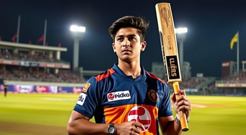 A talented young cricketer, Anshul Kamboj, stands confidently on the pitch, bat in hand, ready to take on the challenges of the IPL 2025 season. Dressed in his team's vibrant uniform, Anshul's expression exudes focus and determination, his eyes fixed on the horizon, anticipating the next delivery. The dynamic lighting casts dramatic shadows, accentuating his muscular physique and the intensity of the moment. In the background, the roar of the crowd echoes, as the stadium's grandstands and flags create a sense of energy and anticipation. Anshul's unwavering gaze and the charged atmosphere convey the high expectations placed on him to deliver exceptional performances in the upcoming tournament.