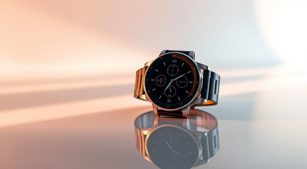 Amazfit Active2 Smartwatch, a sleek and modern wearable device, sitting atop a reflective surface. The watch face displays a crisp, high-resolution display showcasing its various features. The stainless steel body gleams under warm, directional lighting, casting subtle shadows that accentuate its elegant design. The watch strap, made of a durable and comfortable material, wraps around the wrist, highlighting the device's ergonomic fit. In the background, a minimalist, gradient-based environment creates a sense of depth and focus, drawing the viewer's attention to the central subject. The overall composition conveys a sense of sophistication, functionality, and technological innovation, perfectly encapsulating the essence of the Amazfit Active2 Smartwatch.