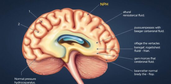 Diagram showing normal pressure hydrocephalus affecting the brain ventricles