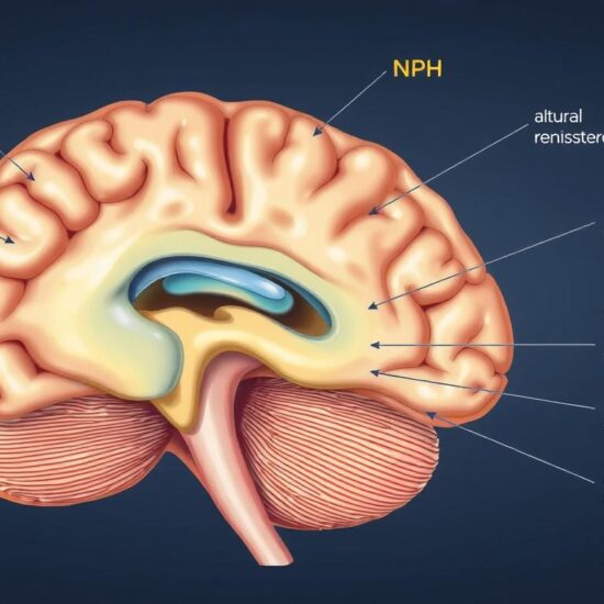 Diagram showing normal pressure hydrocephalus affecting the brain ventricles
