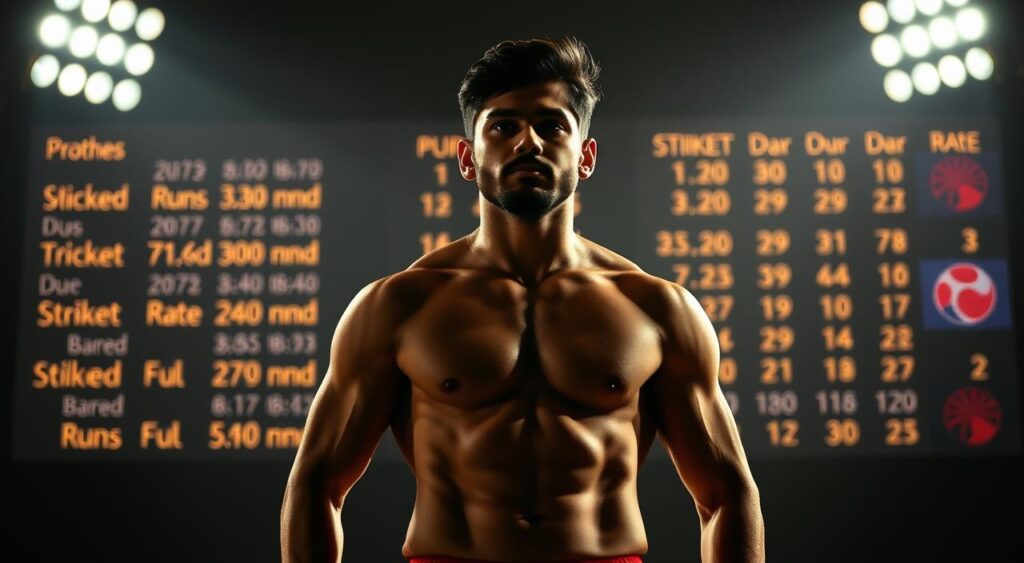 Shivam Dube, a rising cricketing star, stands tall in the center of the frame. His muscular physique is highlighted by dramatic studio lighting, casting dramatic shadows that accentuate his power and presence. In the background, a blurred scoreboard displays his impressive statistics - runs scored, wickets taken, and strike rate. The scene is infused with a sense of anticipation and potential, conveying Dube's promising future in the sport. The overall composition and mood evoke a sense of awe and admiration for this talented all-rounder.